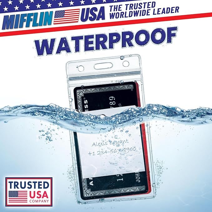 Mifflin-USA Plastic Waterproof ID Badge Holders (Clear, 2.25x3.5 Inch, 100 Pack), Vertical Hanging Name Card Holder with Zipper, Resealable Bulk Nametag Holders
