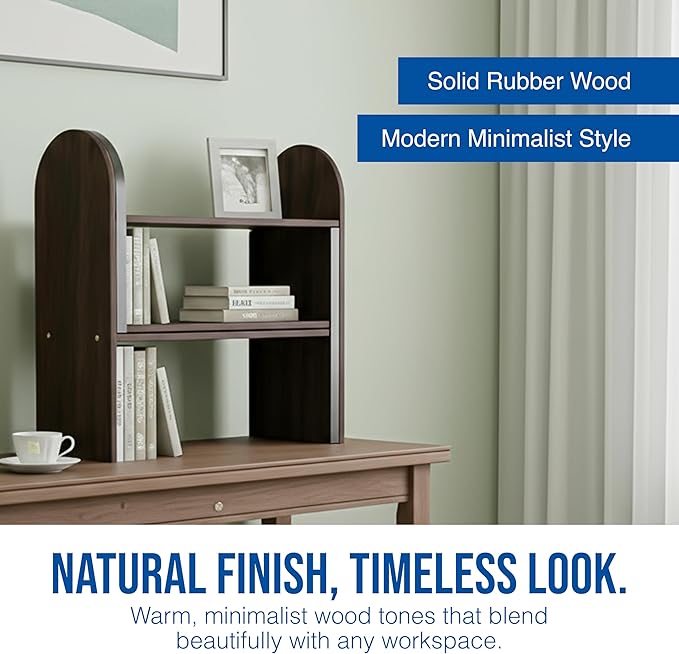 Maplefield Desk Hutch Expandable Shelf Organizer, Walnut Finish, Engineered Wood Desktop Storage Rack for Office, Dorm, or Home – Adjustable Over Desk Bookshelf for Supplies, Decor & Accessories