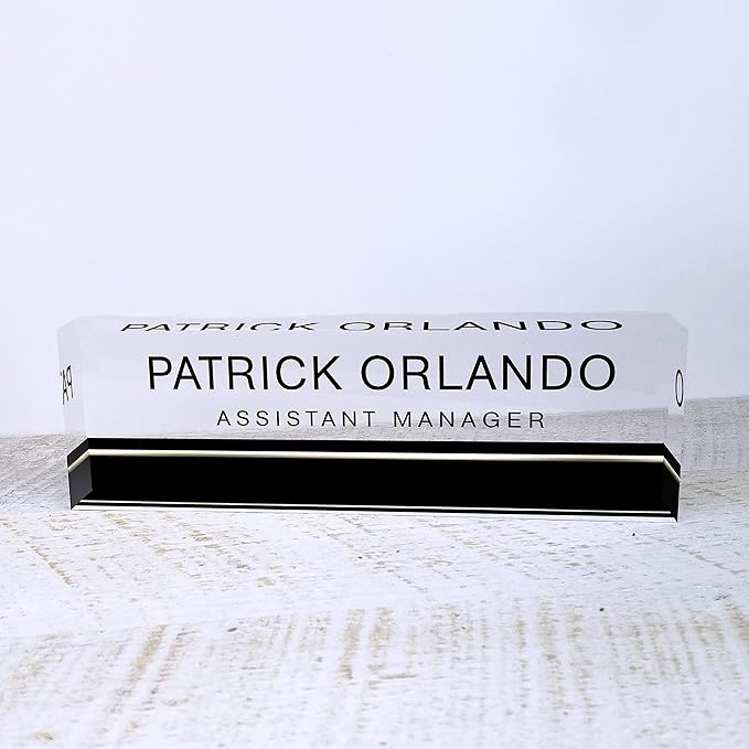 Artblox Personalized Office Desk Name Plate and Business Card Holder | Clear Acrylic Glass with Teak Wood Stand | Black Stripe Design Customized with Your Name and Credentials Office Desk Decor