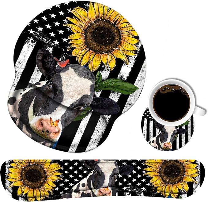 Keyboard Wrist Rest and Mouse Pad Wrist Support Set with Coasters, Ergonomic Gaming Mousepad for Home Office Working Studying Easy Typing & Pain Relief, American Flag Sunflower and Cow