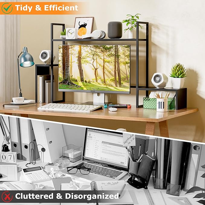 WelFurGeer LED Desk Shelf Organizer with RGB Light Strip, 2-Tier Desktop Shelf for Computer Monitor, Sturdy Metal Frame & Wood Shelves - Desk Hutch Bookshelf for Home Office, Dorm, Gaming (Black)