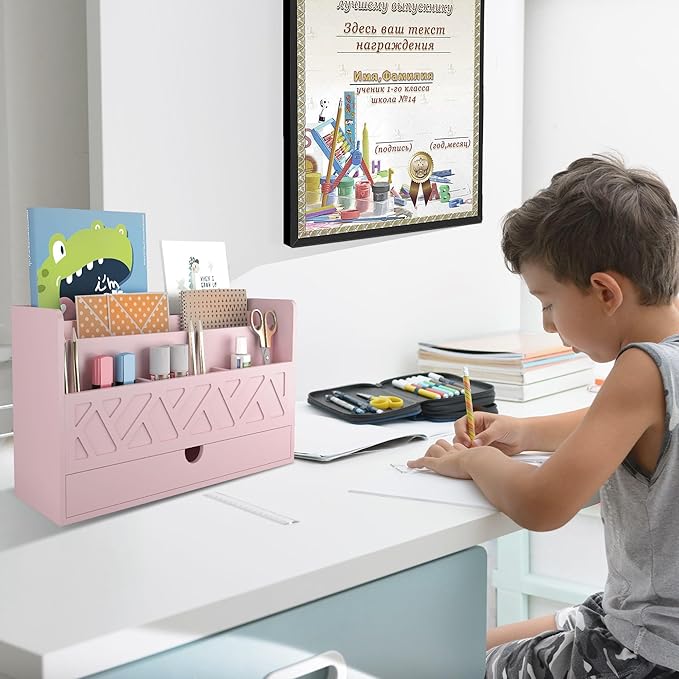 Wisuce Bamboo Mail Organizer Countertop Desktop with Drawer - All-in-One Desk File Organizer with Pencil Holder (Pink)