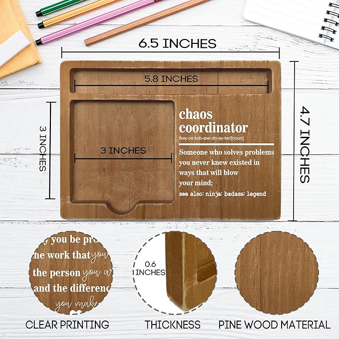 Inspirational Quotes Office Desk Decor Gift, Wooden Desk Note Pen Holder, Motivational Decor for Office Home, Chaos Coordinator Gifts for Colleague Family Friends-A04