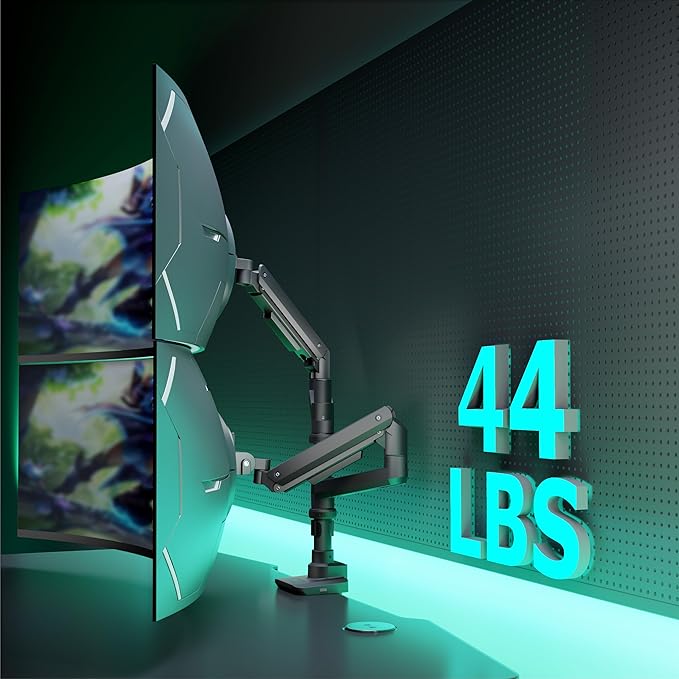 WALI Vertical Dual Monitor Stand for 17''-49'' Curved Screens, Ultrawide Dual Monitor Arms up to 44lbs, Stacked Monitor Mount for 2 Monitors, Heavy Duty Adjustable Gas Spring Arm (GSDM002N-P), Black