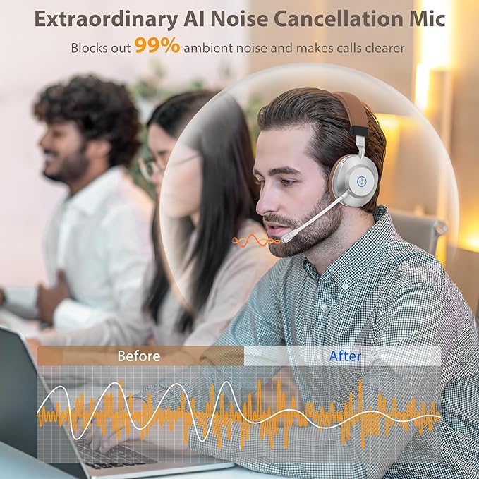 Wireless Headset with Mic for Work, Bluetooth Headset with Noise Cancelling Mic for Clear Calls, Bluetooth V5.3 Headphones with Mic Mute & USB Dongle, Charging Base for PC/Laptop/Phones/Call Center