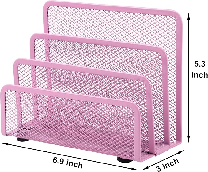 EASEPRES Desk Mail Organizer, Office Small Desktop Metal Mesh Envelope Letter Sorter Paper File Holder Organizer with 3 Vertical Upright Compartments, Pink 1 Pack