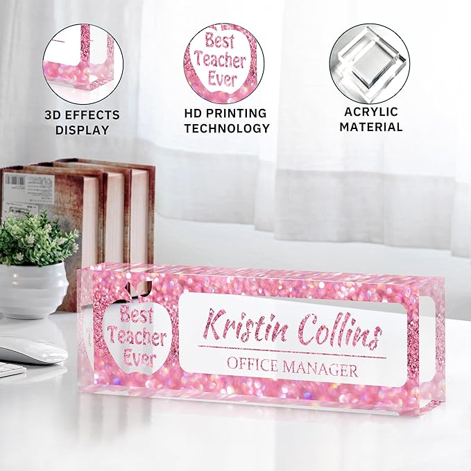 Custom Name Plate for Desk, Personalized Desk Name Plate on Clear Acrylic Glass, Appreciation Gifts for Teacher Employee Boss Coworkers Nurse, Office Desk Accessories for Women Men (Taffy)