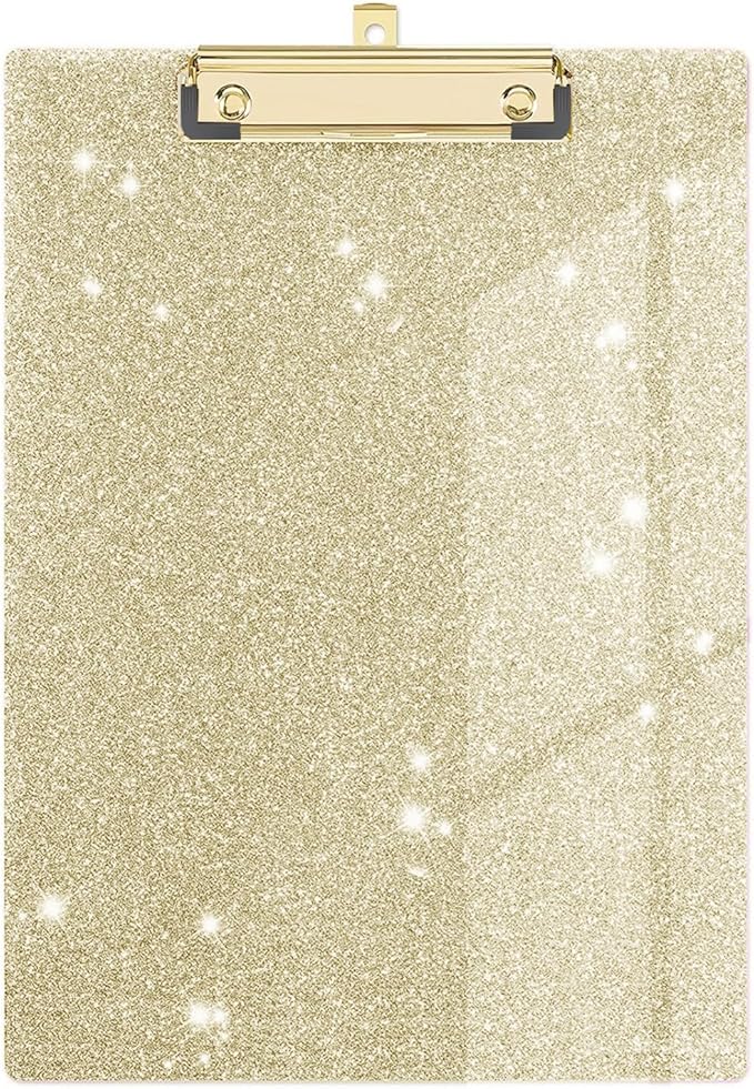 Glitter Acrylic Clipboard Decorative Standard A4 Letter Size 12.2" x 8.7", Fashion Bling Clip Boards with Designed Low Profile Gold Clip for Classroom Office - Light Gold