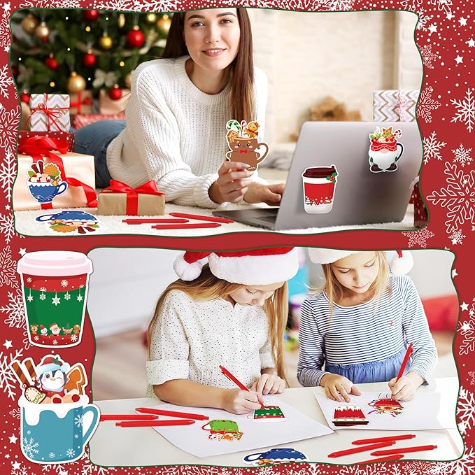 24 Sets Christmas Sticky Notes with Pens, Christmas Coffee Cup Notepads Winter Memo Pad Bulk Christmas Gifts for Coworkers Holiday Decoration Party Favors Office Home Supplies
