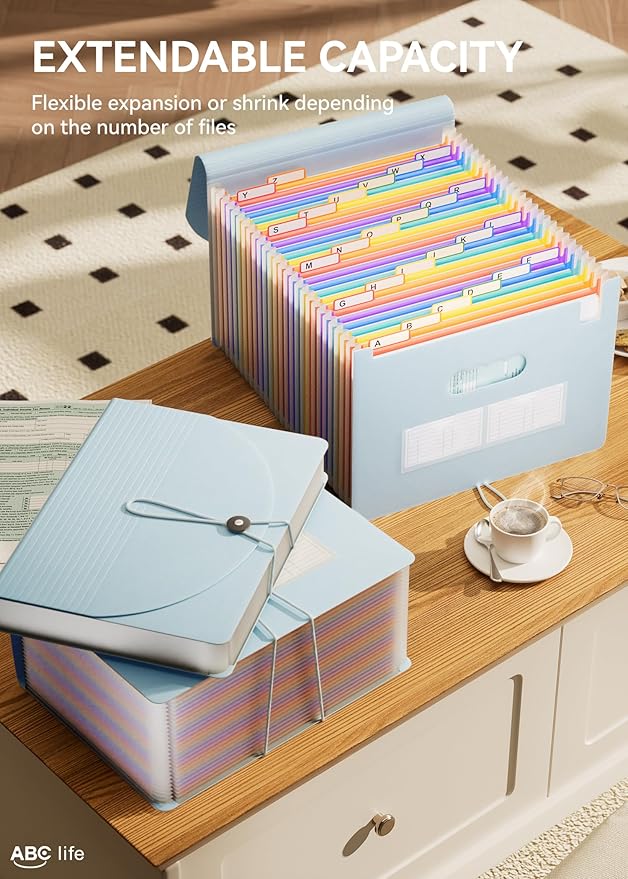 ABC life 26 Pockets Accordion File Organizer, Expanding File Folder, Portable Monthly Paper Bill Tax Receipt Organizer, Letter A4 Size Document Organizer with Blank Labels - Light Blue