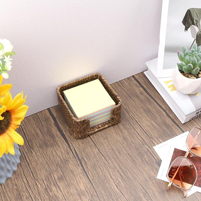 Sticky Note Holder Seagrass Post It Note Dispenser, 3 x 3 Inch Woven Sticky Note Dispenser, Farmhouse Post It Holder for Desk Home Office Decor, Coffee