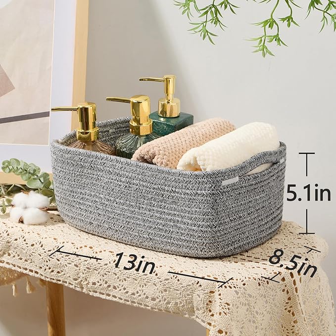 Small Storage Baskets for Organizing | Closet Organizer Bins | Shelf Toy Basket | Woven Rope Baskets | Cube Decorative Box | Shallow Basket | 13x8.5x5.1” | 4 Packs Mixed Grey