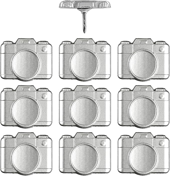 Camera Push Pins - Silver Metal Camera Pins - for Cork Board, Maps, or Lapel Pin Use - Designed in USA - Set of 10