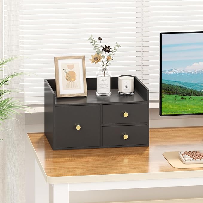 Bamboo Desk Organizer with Drawers Wooden Desktop Storage Organization Box for Bills Office Supplies Kitchen Utensils Organizing Tool for Home Classroom Vanity, No Assembly Required (3 Drawer, Black)