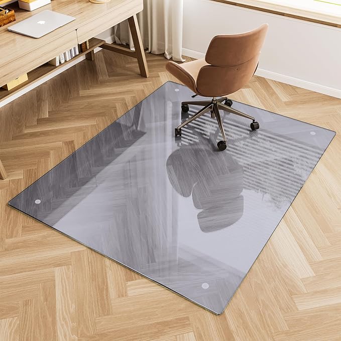 FlyEcho Glass Chair Mat 48" x 60" Heavy Duty Tempered Glass Office Chair Mat, Glass Floor Mat with Round Corner and Polished Edge for Smooth Glide, Carpet Hardwood Floor Protector,Grey