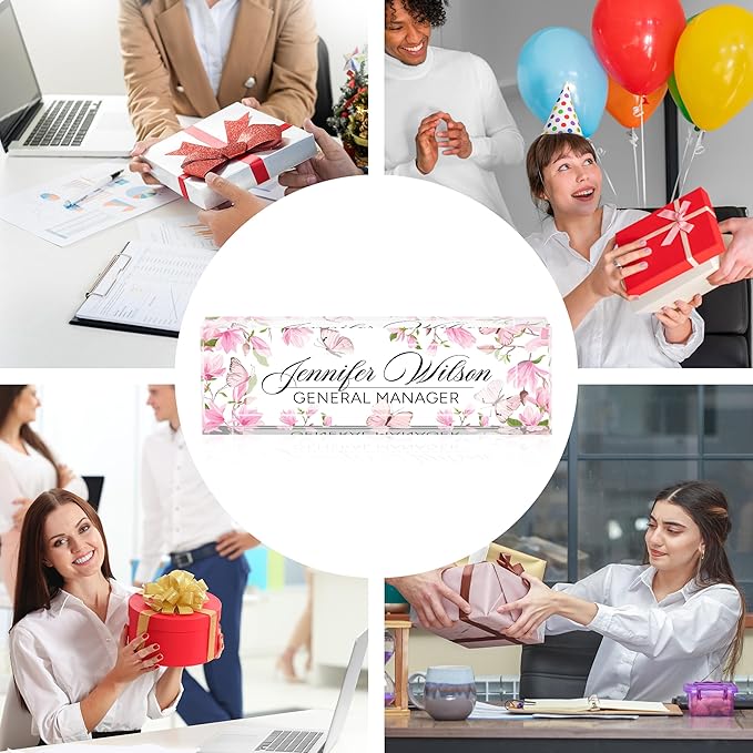Personalized Acrylic Desk Name Plate - Custom Employee Appreciation Gifts - Office Gifts for Women, Men, Boss, Coworkers, Teacher, Nurse (Pink Flower Butterfly)