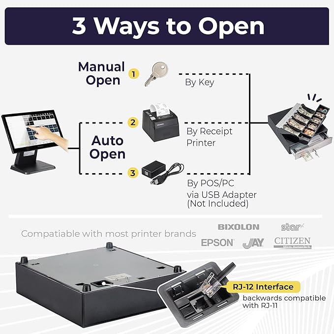 Volcora 13" Cash Register Drawer for Point of Sale (POS) System - Black with Stainless Steel Front - Fully Removable 2 Tier Cash Tray, 4 Bill/5 Coin, 24V, RJ11/RJ12 Key-Lock, Double Media Slot