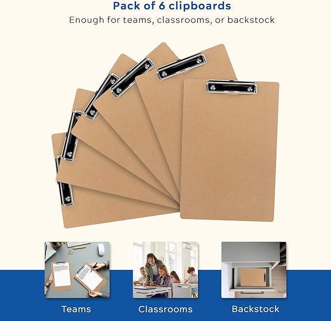LUX Hardboard Clipboard, 6-Pack, Brown, Professional Office Organization, Lasting Durability
