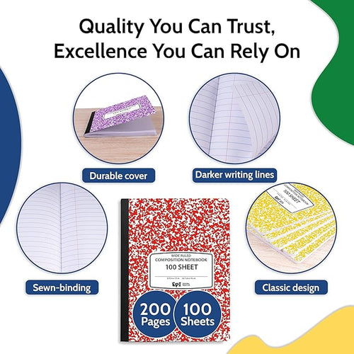 4 Pack EPI Wide Ruled Composition Notebook, Assorted Colors, Bulk, 200 pages (100 Sheets), 9-3/4 x 7-1/2, Marble, Bulk School Supplies, Hard Cover, Durable, Office Notebooks, Sturdy Sewn Binding