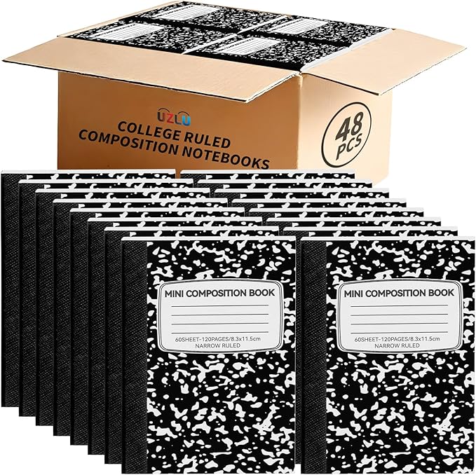 UZLU 48 Pack Mini Composition Notebooks Bulk College Ruled Half Composition Notebook 4.5" x 3.25" Narrow Ruled Small Pocket Marble Journal 60 Sheets for Students Office School Supplies