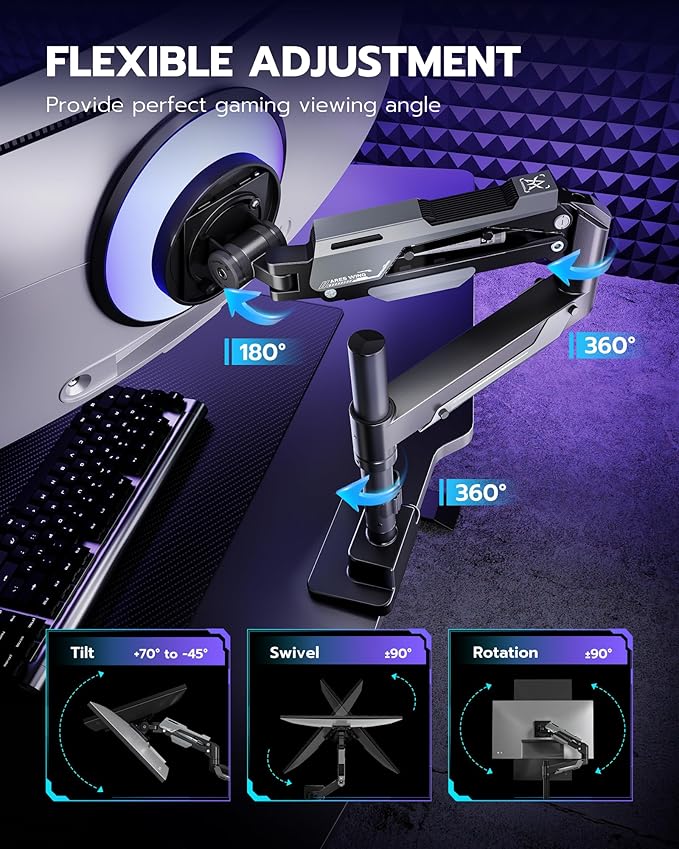 ARES WING CoreArm Single Monitor Mount, Ultrawide Monitor Arm for 24 to 57'' Heavy Duty Curved Screen, Adjustable Gas Spring Monitors Arm Stand up to 66LBS with 75/100/200 Vesa Mount, Black
