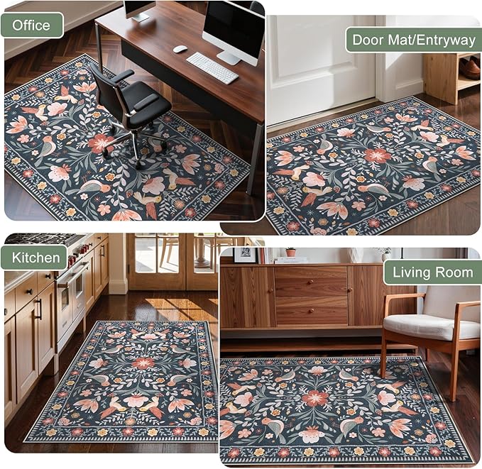 Anidaroel 48"x60" Office Chair Mat for Hardwood Floor/Tile, Black Floor Mat for Office Chairs, Anti-Slip Floral Under Desk Rug for Rolling Chairs, Bird Bug Low Pile Desk Chair Mats for Hardwood