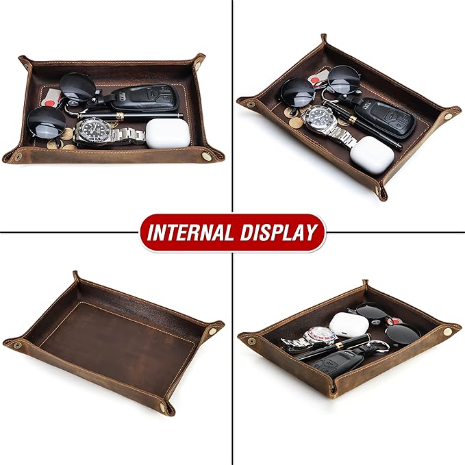 Top Grain Leather Desk Valet Tray Organizer for Man & Woman, Vintage Handmade, Foldable Flat Basket with Snap Buttons, Desk Catchall Holder for Wallet/Watches/Keys/Coins/Office Supplies, Coffee, Large