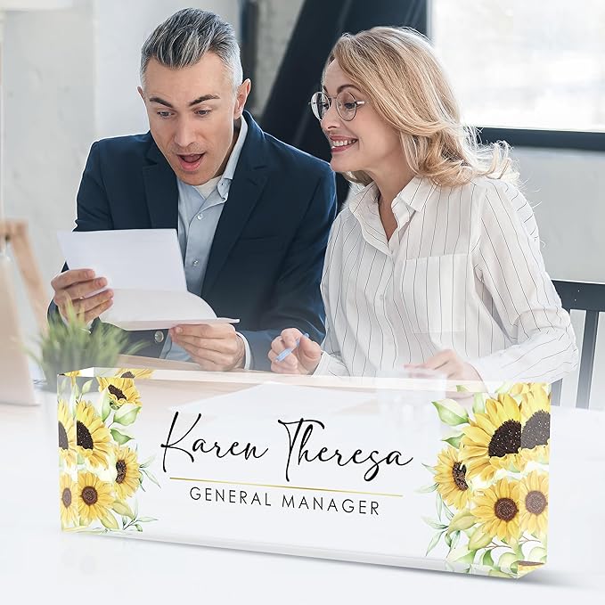 Custom Sunflower Office Name Plate, Personalized Gifts for Women & Employees, Appreciation Gifts for Boss & Teacher, Office Desk Accessories