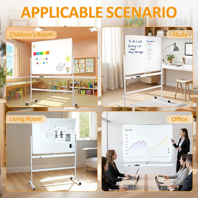 47 x 35 in Double Sided Rolling Whiteboard, Mobile Whiteboard Magnetic White Board - Large Reversible Dry Erase Board Easel Standing Board on Wheels with Stand