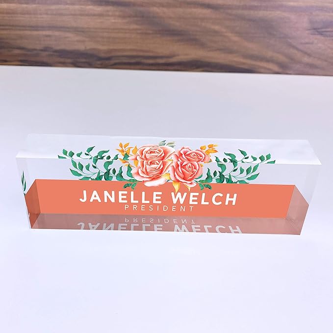 Artblox Office Desk Name Plate Personalized | Custom Name Plates for Desks | Orange Roses Design On Clear Acrylic Glass | Cute Office Desk Accessories Customized Gifts - (8" x 2.5").