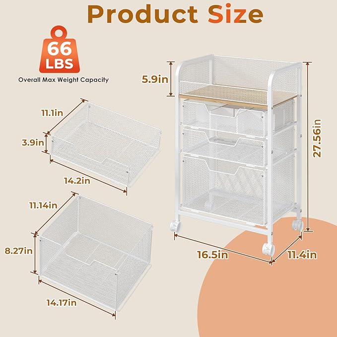 4-Tier Rolling Utility Cart with 3 Drawers - White Craft Organizers and Storage with DIY Dividers, Under Desk Art Supply Storage Organizer with 360° Lockable Wheels for Brushes Artifacts Small Parts
