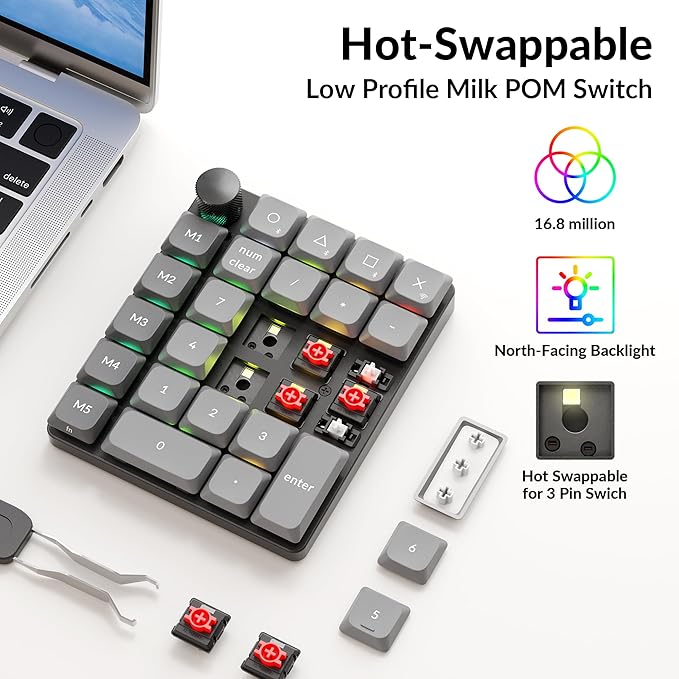 Keychron K0 Max Wireless Low-Profile Number Pad, QMK/VIA Programmable, Hot-Swappable Red Switch, RGB Backlit, 2.4GHz & Bluetooth 5.3, 1000Hz Polling Rate, with Knob, for Windows/Mac