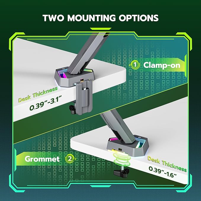 ARES WING RGB Single Monitor Arm Desk Mount for 17-45 inches Flat and Curved Monitors, Holds 35.2 lbs Heavy Duty, Adjustable Ultrawide Monitor Arm with Clamp & Grommet Base, 75/100 VESA Mount, Gray