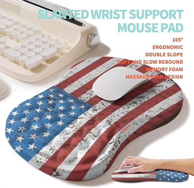 2-in-1 Ergonomic Set, Wave Rise Keyboard Wrist Rest and Massage Bulge Slope Mouse Pad Wrist Support, Cushion Memory Foam Integrated to Relieve Wrist Pain, American Flag
