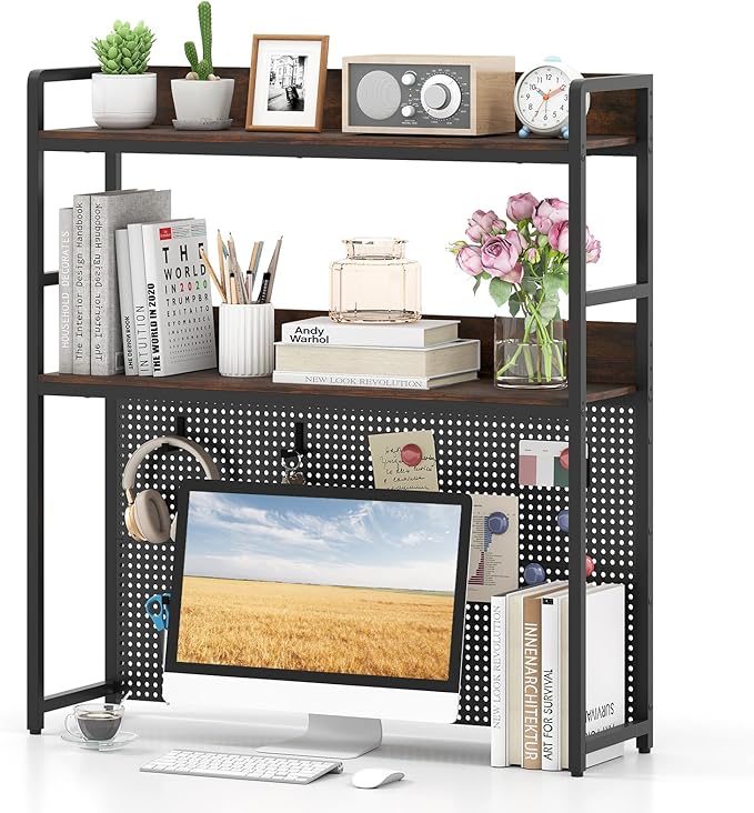 Tangkula Desktop Bookshelf, Multipurpose 2-Tier Desk Hutch with Pegboard, Industrial Countertop Storage Organizer Rack for up to 32" Computer Monitor, Hutch for Dorm Home Office (Rustic Brown)