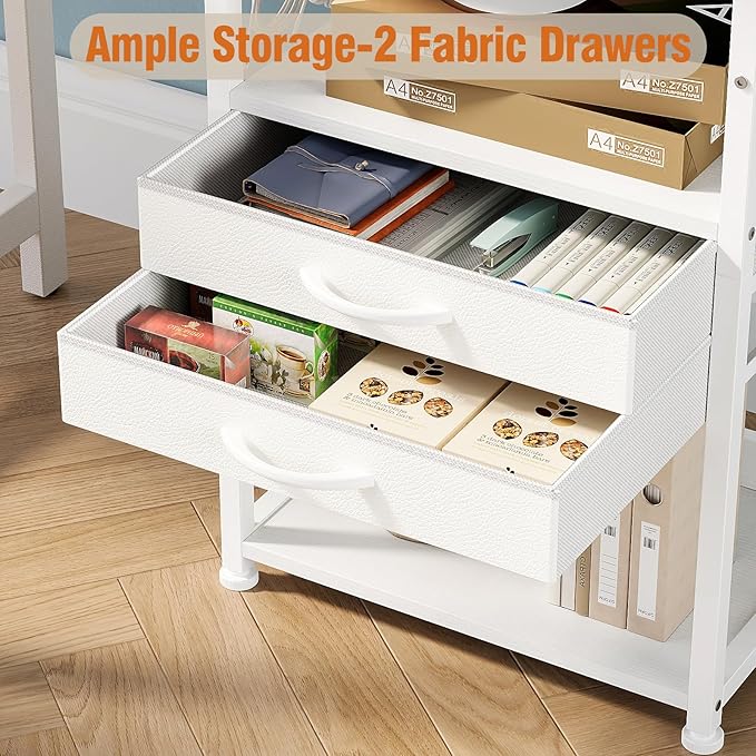 Large Printer Stand with Storage Fabric Drawer Under Desk Printer Table with Wheels for Home Office, Printer Cart fit Fax Machine Scanner (White, 3 Tiers)