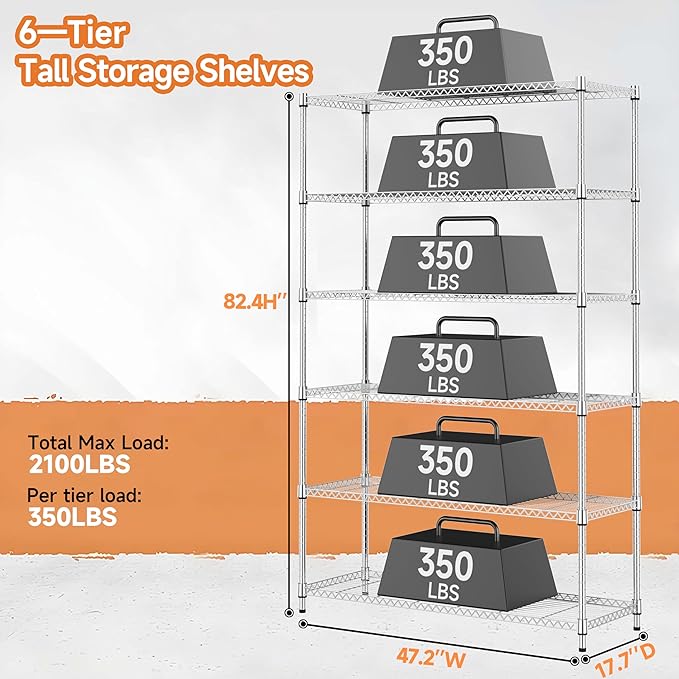 6 Tiers Storage Shelves Load 2100LBS, Metal Shelving Wire Metal Shelving Unit Shelves for Storage Adjustable Garage Shelving for Pantry Kitchen Garage Chrome 17.7" D x 47.3" W x 82.4" H