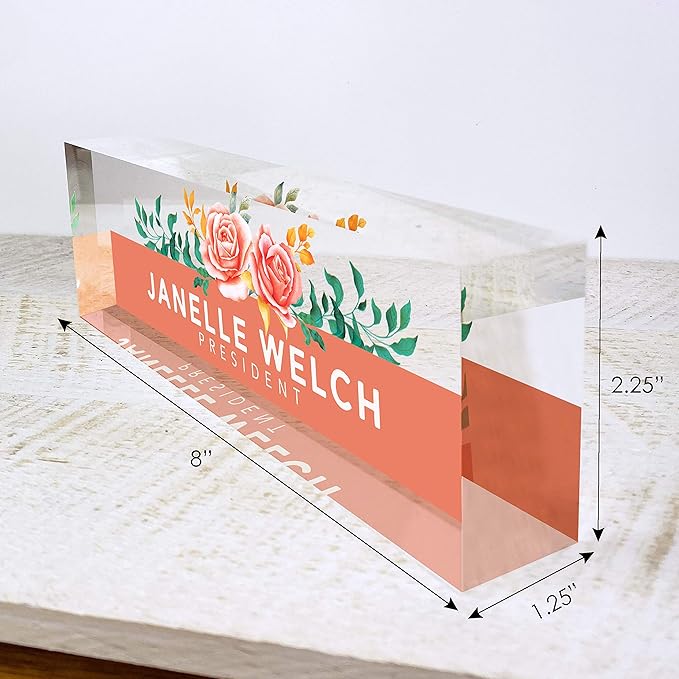 Artblox Office Desk Name Plate Personalized | Custom Name Plates for Desks | Orange Roses Design On Clear Acrylic Glass | Cute Office Desk Accessories Customized Gifts - (8" x 2.5").