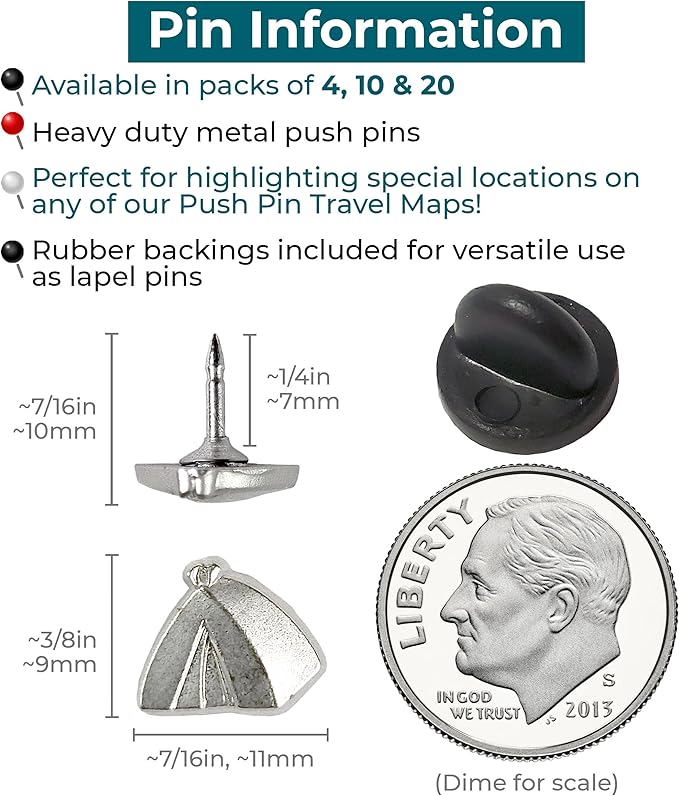 Tent Push Pins - Silver Camping Tent Pin - for Cork Board, Maps, or Lapel Pin Use - Designed in USA - Set of 4