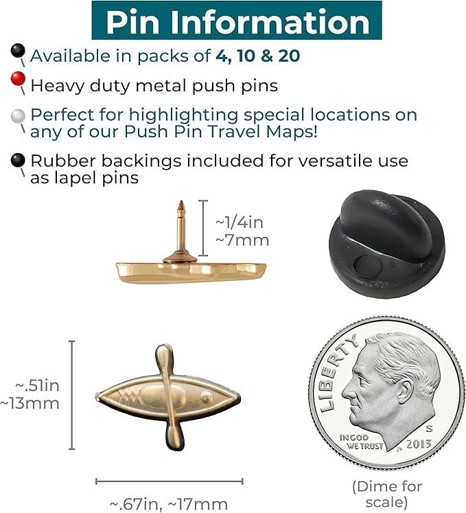 Kayak Push Pins - Gold Kayak Map Pins for Cork Boards, Maps, or Lapel Use - Designed in USA - Set of 20