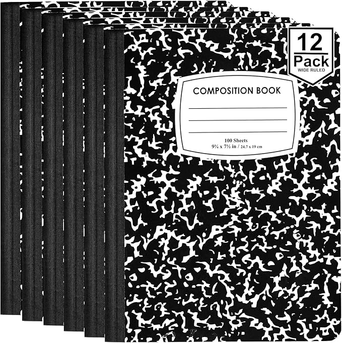 ENVO Composition Notebooks, Wide Ruled Composition Notebook, Black Marble Covers Composition Notebook, 100 sheets (12 Pack, Wide Ruled)