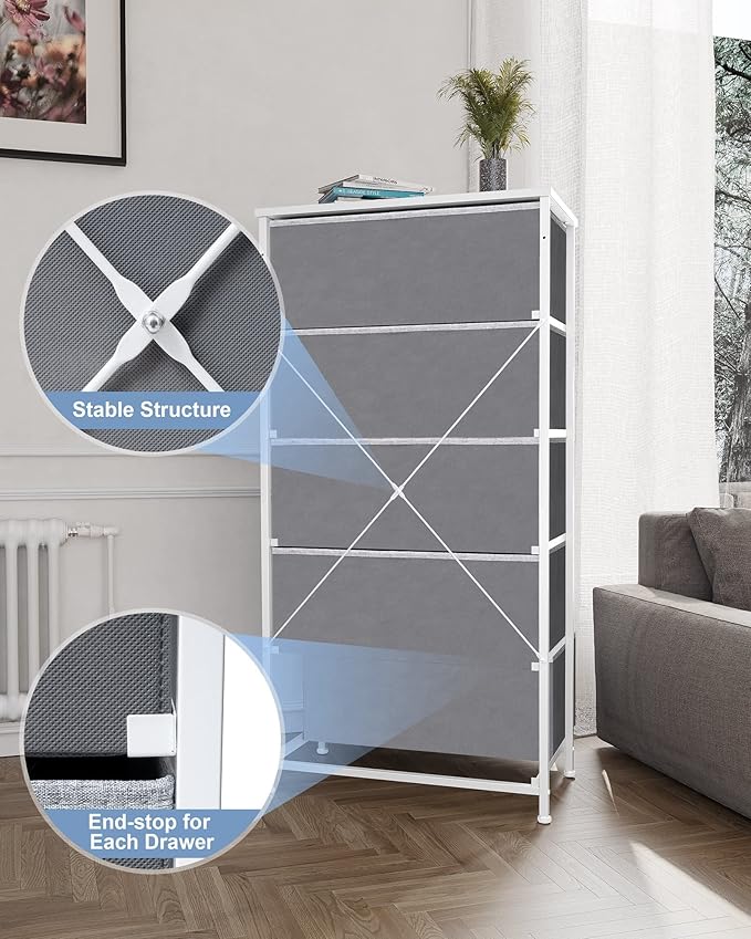 Crestlive Products Vertical Dresser Storage Tower - Sturdy Steel Frame, Wood Top, Easy Pull Fabric Bins - Wide Organizer Unit for Bedroom, Hallway, Entryway, Closets - 5 Drawers(Light Gray)