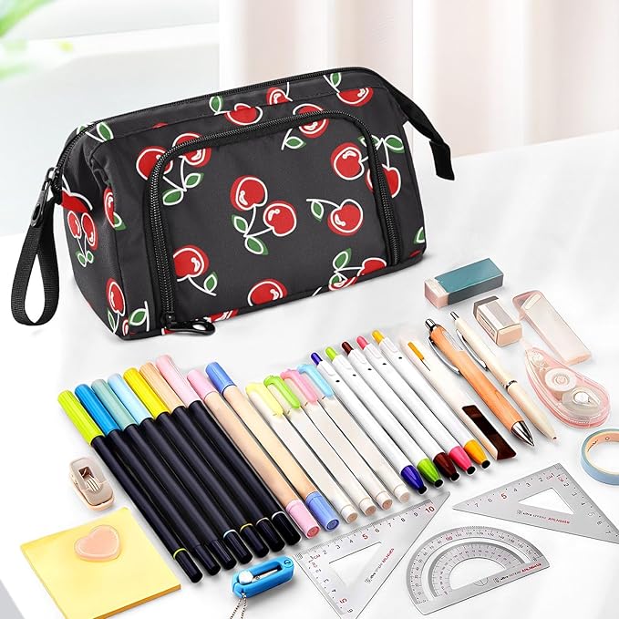 Red Cherries Pencil Case Pouch Big Capacity Pencil Bag Box Organizer Pen Case Pencil Pouch Aesthetic with Handle for Boys Girls Kids Women School College