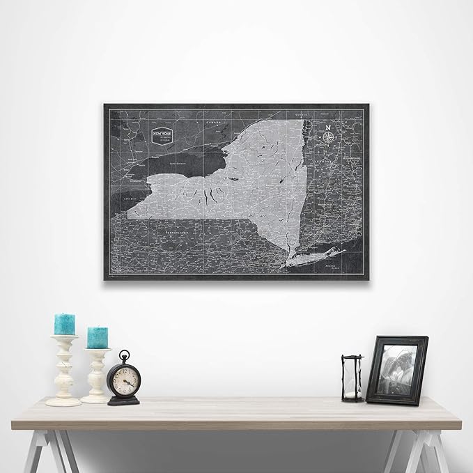 Conquest Maps Push Pin New York Map Board - With Push Pins to Mark New York Travels - Handmade in Ohio, USA - Design: Modern Slate