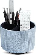 Round Leather Art Supply Organizer,Remote Control Holder,360 Degree Spinning,Multi-Functional Pencil Holder,4 Compartments Desktop Stationary Organizer(1-Wood Blue)