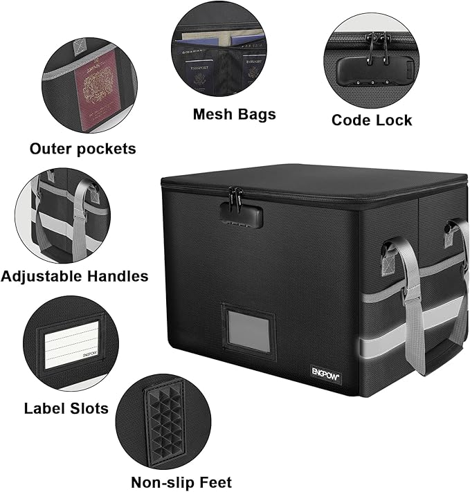 ENGPOW File Box with Lock, Fireproof Document Box with Pockets, Collapsible File Organizer Filing Storage Cabinet with Handle, Portable Home Office Safe for Hanging Letter/Legal Folders,Black,2 Pack