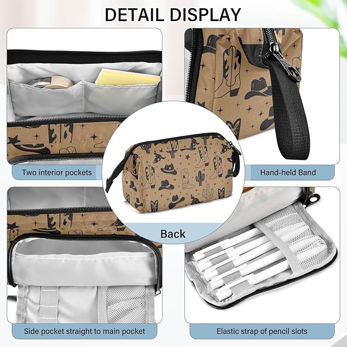 Western Cowboy Brown Pencil Case Pouch Big Capacity Pencil Bag Box Organizer Pen Case with Handle Stationery Organizer for Girls Boys Women School College Office