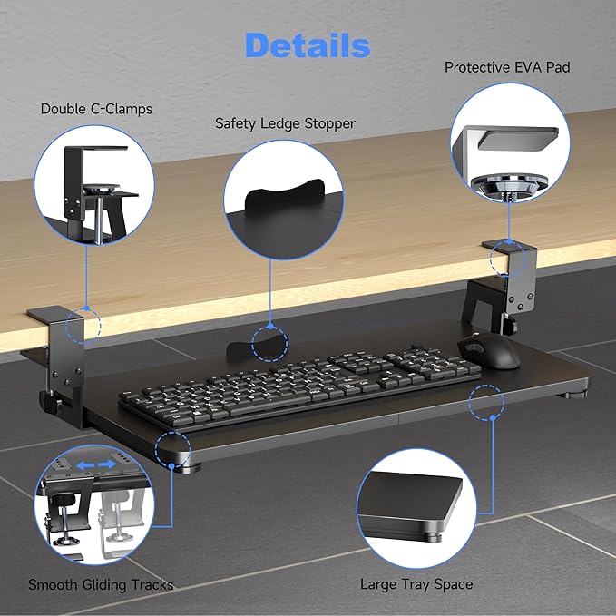 Keyboard Tray Under Desk Large C-Clamp 25.6” (30” Including Clamps) x 11.8” Slide-Out Platform Computer Drawer Pull Out Keyboard & Mouse Tray Black DSF4