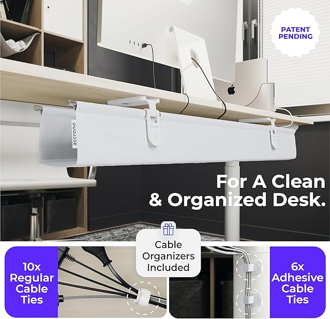 Ascrono Original No Drill Under Desk Cable Management Tray 53.9" - Premium White Fabric Cable Management Under Desk - Clamp/Screw Mount Cord Organizer - Supports Upto 66lbs - Extra Large