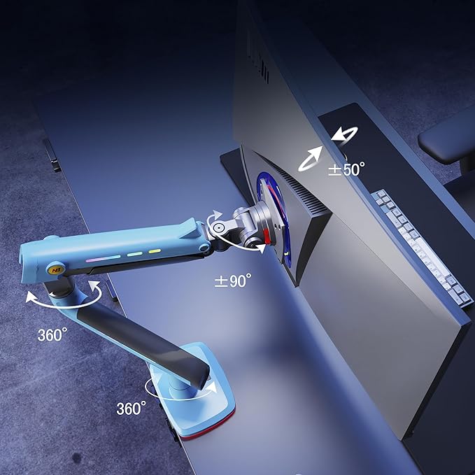 NB Gaming Monitor Arm or for 32 to 60 Inches Screen, Load up to 20 kg, VESA 75/100, RGB-Light, Heavy Duty, Multi Angle Adjustable, Premium Aluminum, Blue